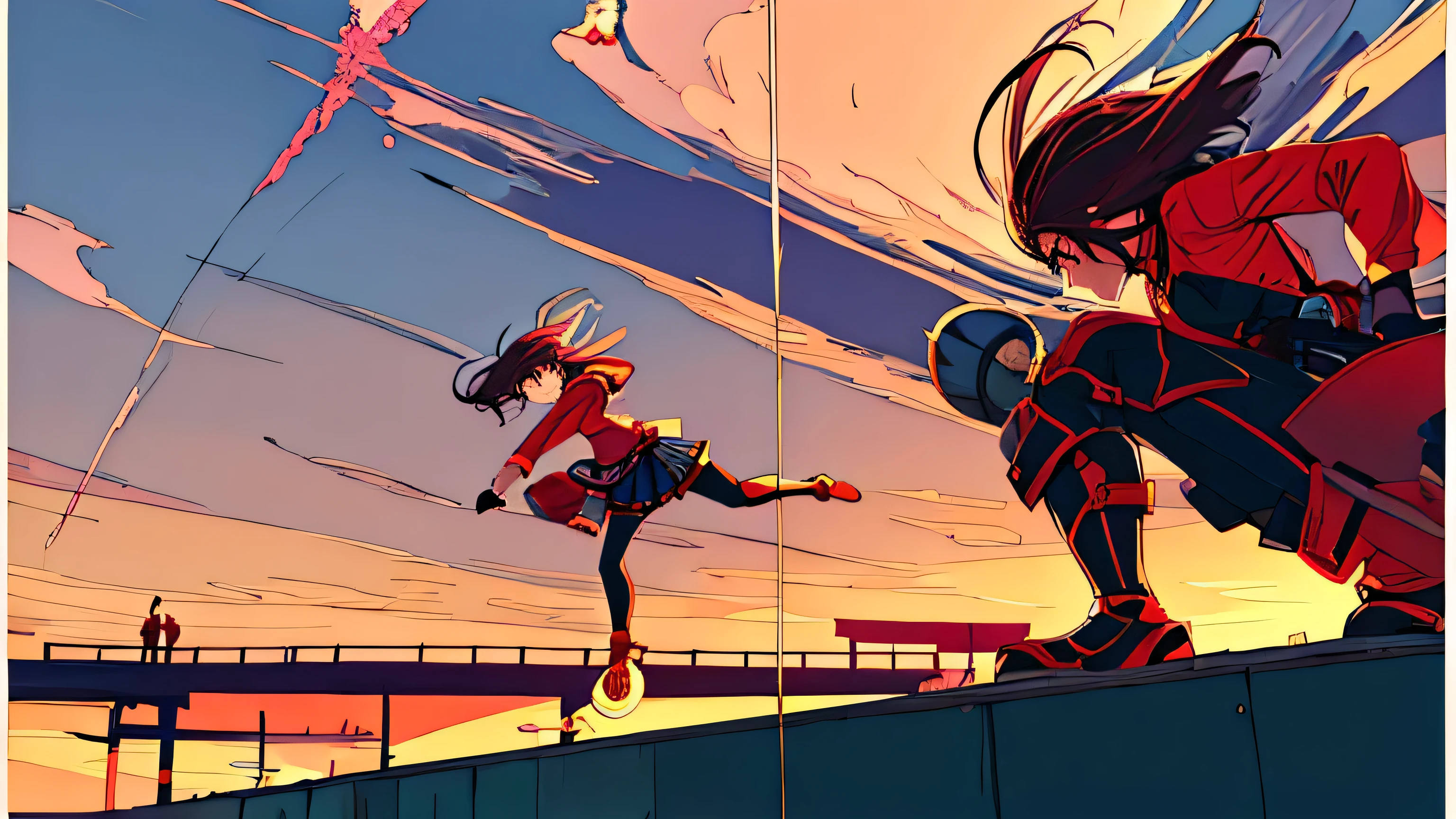 ((highest quality)), ((masterpiece)), (be familiar with), battle, Girl, battle, Japanese style, Sprint, Overlooking, building, jump, multiple, red, petal, Two people