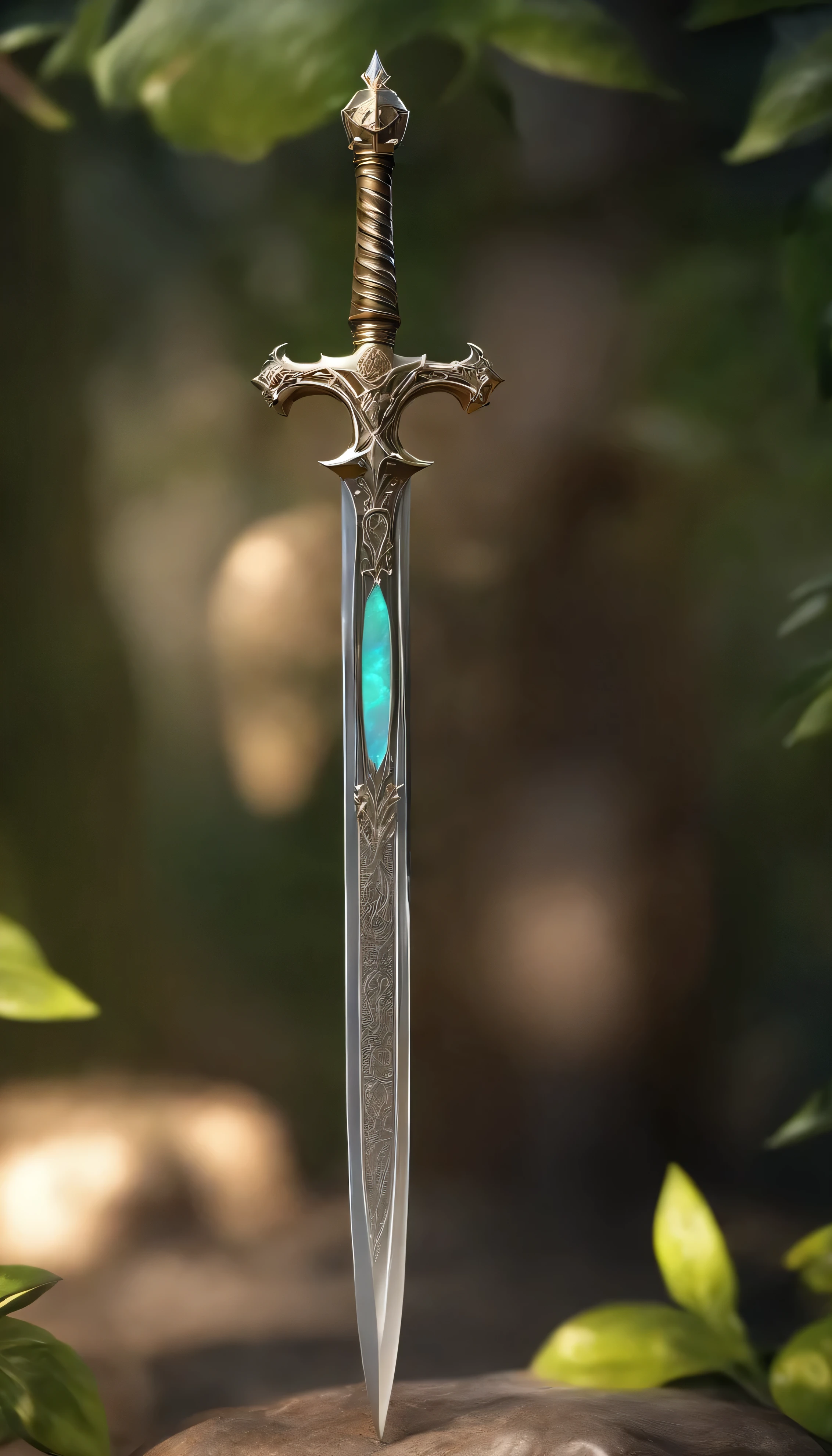 Excalibur, Delicate mango, The sword body is exquisite,well decorated,(((The sword body is designed with a blue opal and light green particle effect shape pattern..:1.3))), Should, (The sword body is symmetrically decorated:1.3), (The entire Excalibur blade is centered:1.3), Close-up at medium range,(General silhouette:1.3),(Fantastic landscape painting:1.2), Ultra Realistic Photo, super-fine, 8K, Premium wallpapers, the highest picture quality, ..。.。.。.3D,C4D, tmasterpiece, rendering by octane