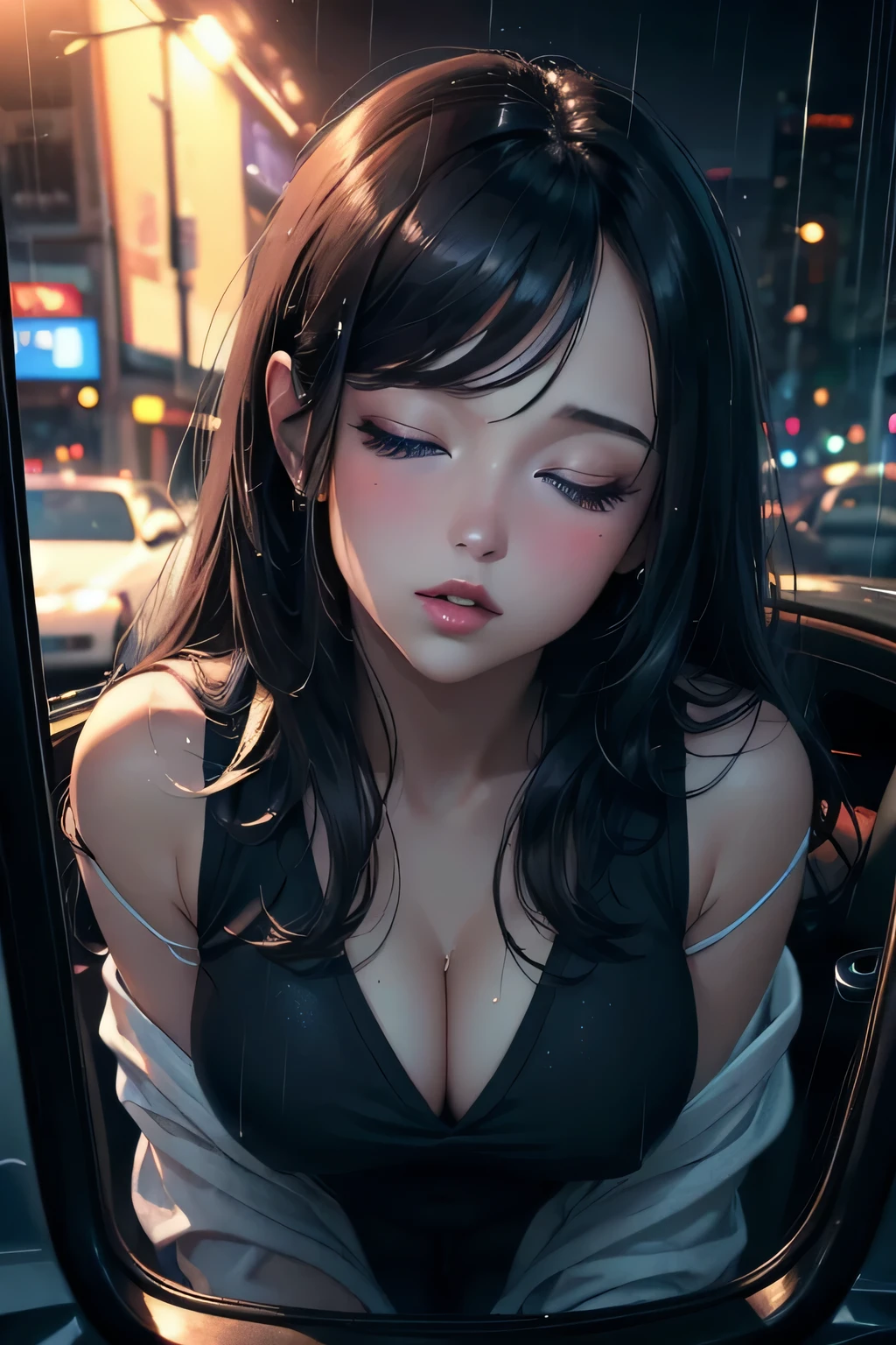 (subject)A sexy woman(seductive eyes),(cleavage), bending forward,(through car window), in the(night time),(raining). (medium)An oil painting(medium) with(vivid colors) and(ultra-detailed) brushstrokes. The woman is portrayed with(extremely detailed eyes and face),(longeyelashes), and(beautiful detailed lips). Her seductive gaze captures the viewer's attention, while her posture exudes confidence and allure. The raindrops on the car window add a touch of mystery and sensuality to the scene. The lighting in the painting creates a moody atmosphere, emphasizing the woman's beauty and enhancing the overall(seductive) vibe.