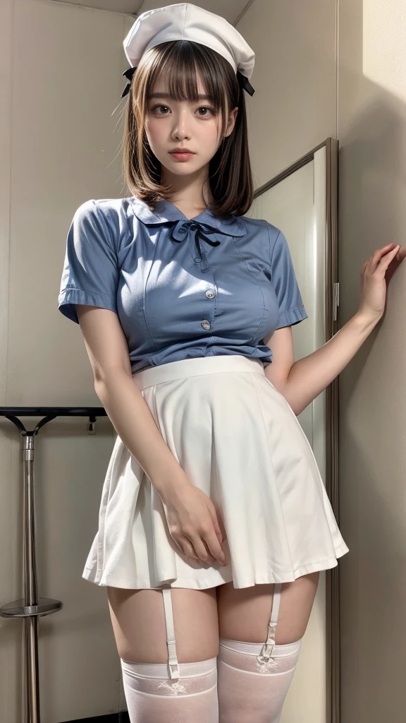 muste piece, best quality, illustration, Super detailed, fine details, High resolution, 8K,wall paper, perfect dynamic composition,(Details High quality, realistic depiction of eyes:1.3), Hospital Rooms、White nurse cap、White tights、White nurse uniform、to stand、Hand skirt、Flipping up a white skirt, large breasts,short bob hair, black hair color, Big Natural Color Lip, bold  pose, crying a little、cold gaze, Harajuku style、20 year old girl、cute type、lolita、beautiful legs, hposing Gravure Idol