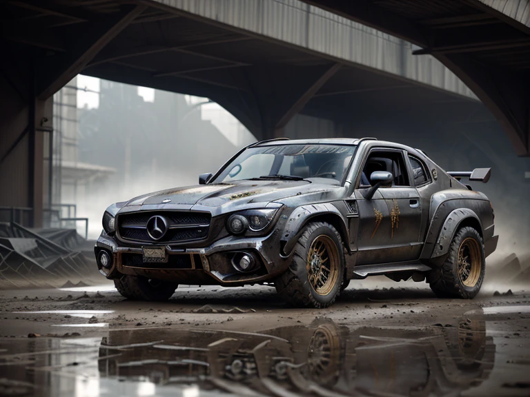 Off-road vehicle acceleration, Covered with mud, Rusty, Mad Max style, There are metal spikes all over the car., futurist, Reflective paint, Similar to Mercedes，suv，GLK-300-2013，body grey，Wheel gold，(LB-Works Full Version: walk), Long front hood, Transparent glasses, shiny big, Surreal, 8k, night, Inside a garage with black metal walls, Revelation, There is a beautiful girl in front of the car, 她穿着Mad Max style的服装，Wearing sunglasses , She has black hair，Wearing a ponytail，Wearing an Arab headscarf on her face..