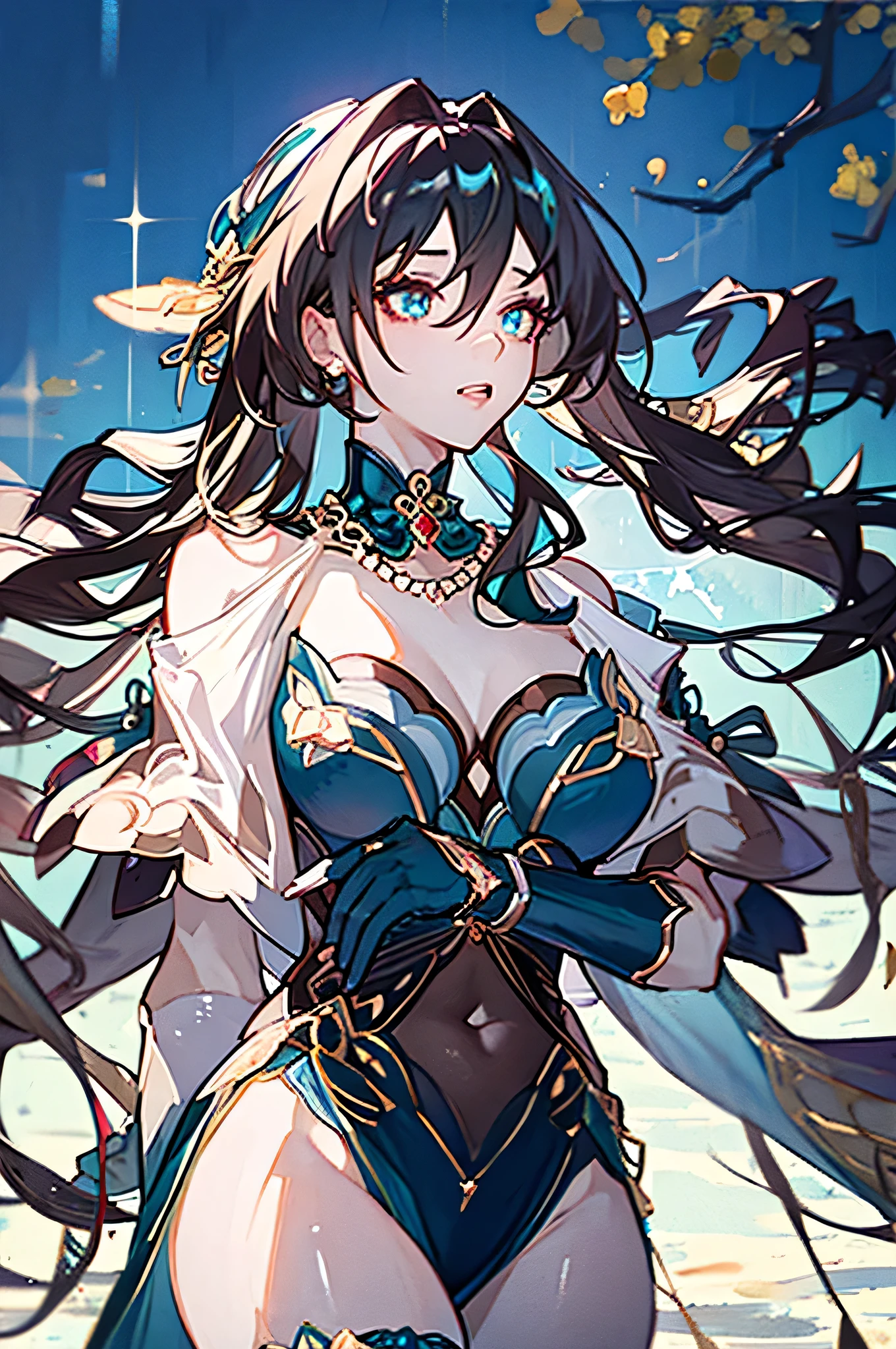 masterpiece, best quality, expressive eyes, perfect face, high quality, 4k quality, attractive, covered navel, pelvic curtain, shoulder cutout, thigh strap, bracelet, hair ornament, elbow gloves, necklace, detached collar, dress, ruan mei \(honkai: star rail\)