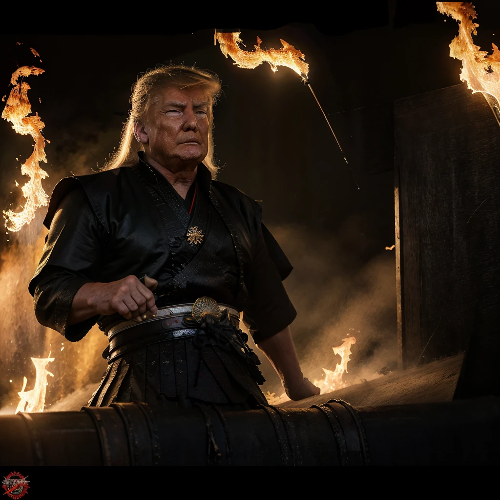 (detailed portrait,4k),Donald Trump as a Samurai,handsome face,strong expression,confident pose,American colored armor,stylized samurai helmet,elegant katana,exquisite details,long flowing hair,sharp eyes,powerful body,slaying the demons of the Democrat with a fierce attack,glorious victory,fire in the background,vibrant colors,rays of sunlight,impressive samurai stance,heroic silhouette,artistic portrayal,photorealistic rendering,vivid colors,perfect lighting,meticulous craftsmanship,visual masterpiece