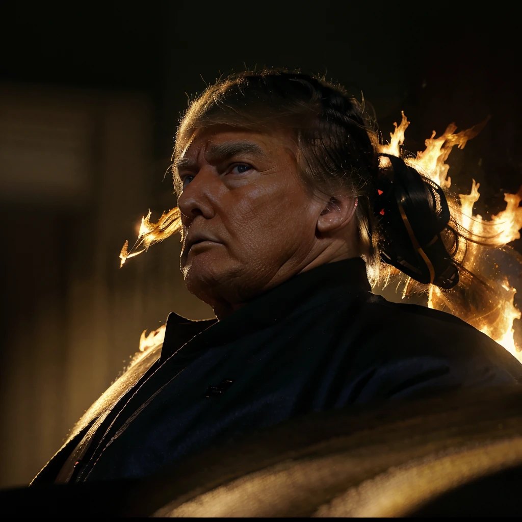 (detailed portrait,4k),Donald Trump as a Samurai,handsome face,strong expression,confident pose,American colored armor,stylized samurai helmet,elegant katana,exquisite details,long flowing hair,sharp eyes,powerful body,slaying the demons of the Democrat with a fierce attack,glorious victory,fire in the background,vibrant colors,rays of sunlight,impressive samurai stance,heroic silhouette,artistic portrayal,photorealistic rendering,vivid colors,perfect lighting,meticulous craftsmanship,visual masterpiece