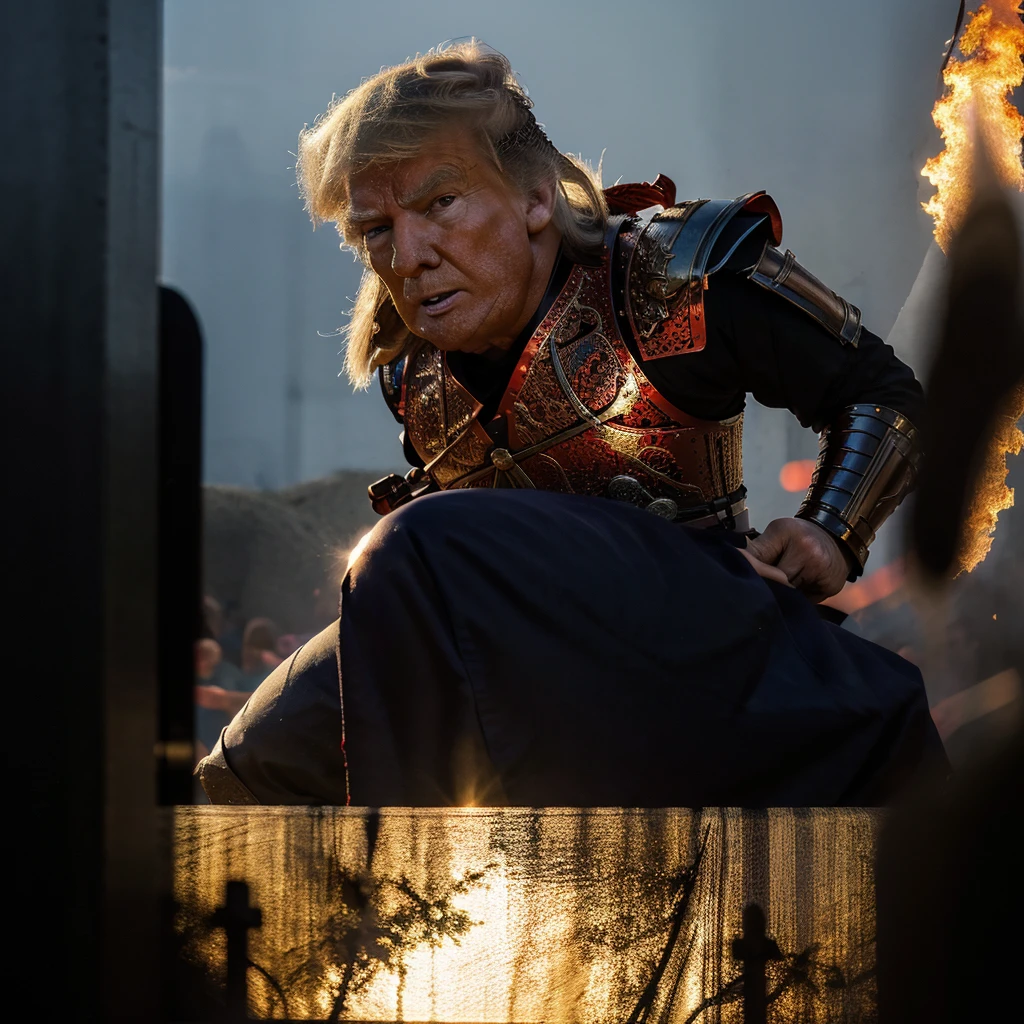 (detailed portrait,4k),Donald Trump as a Samurai,handsome face,strong expression,confident pose,American colored armor,stylized samurai helmet,elegant katana,exquisite details,long flowing hair,sharp eyes,powerful body,slaying the demons of the Democrat with a fierce attack,glorious victory,fire in the background,vibrant colors,rays of sunlight,impressive samurai stance,heroic silhouette,artistic portrayal,photorealistic rendering,vivid colors,perfect lighting,meticulous craftsmanship,visual masterpiece