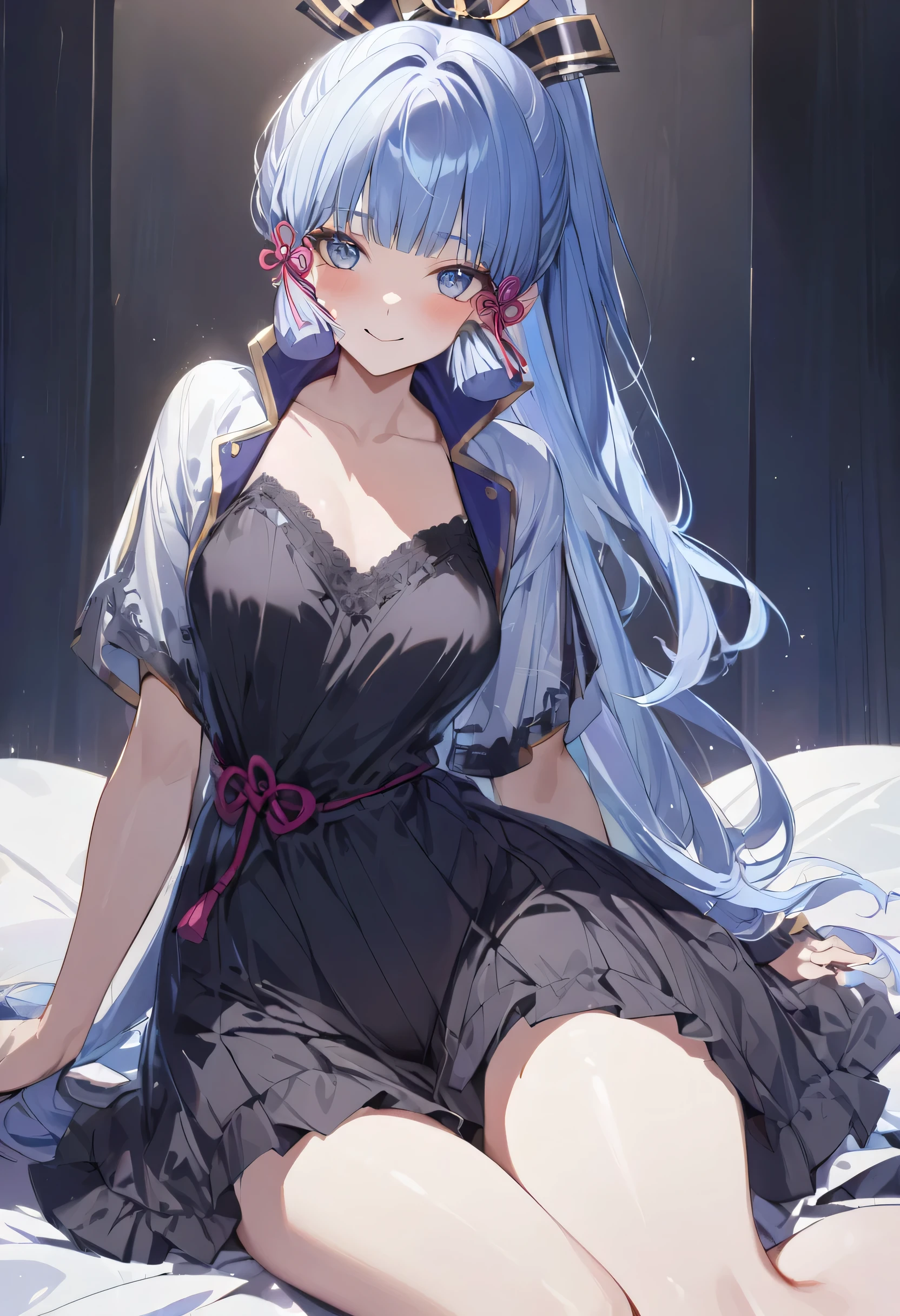 ayaka, long blue hair, beautiful face,smiling,close up to hips, moderate breast, sitting on bed, wearing black sleepwear , (open mouth:0.4),illustration,detailed textures(realists),ultra-detailed,portrait style,vivid colors,soft lighting, blushing, mature, no bras, hair fluttering,