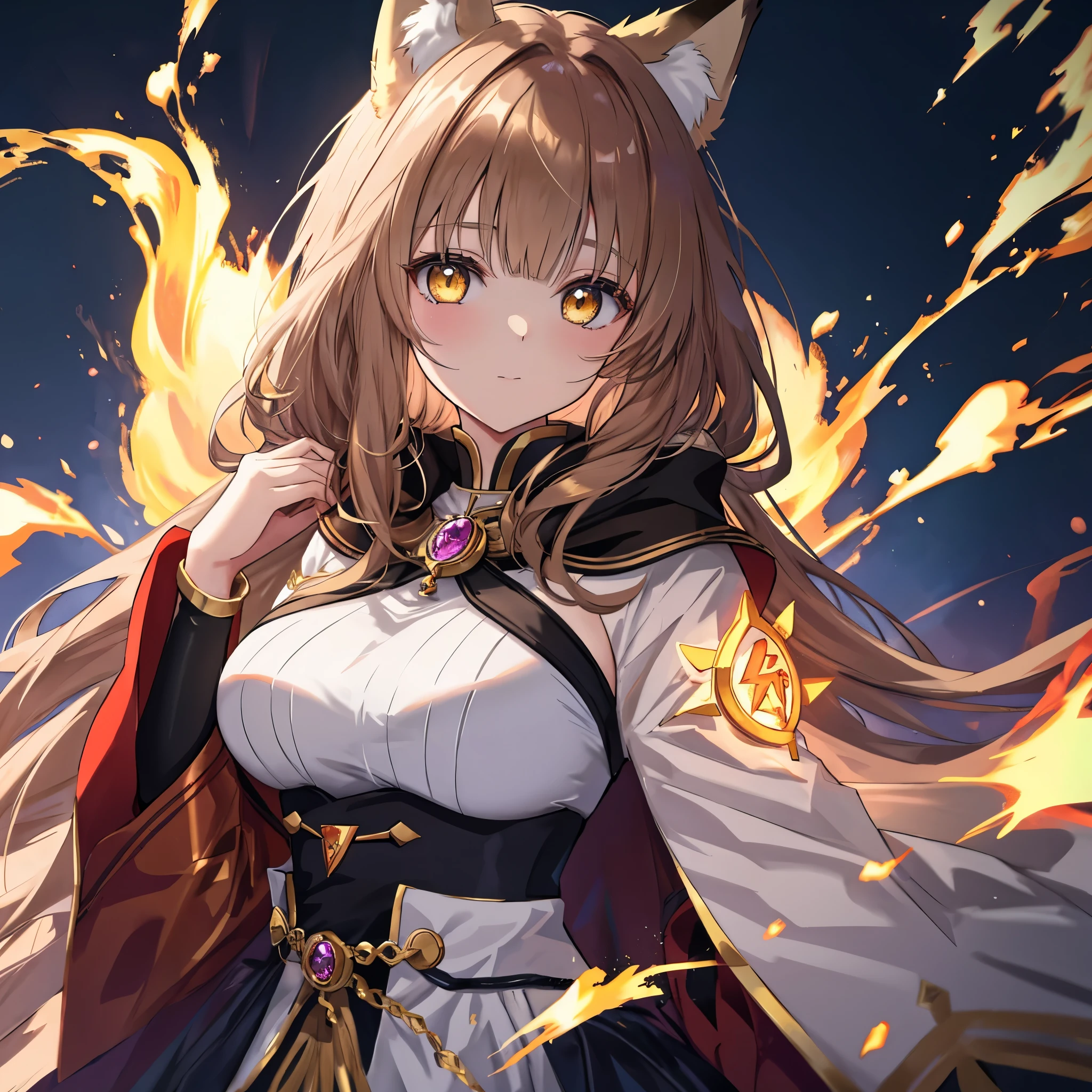 Tags: **1girl**, **animal ear fluff**, **animal ears**, **bangs**, **breasts**, **brown hair**, **burning**, **cloak**, **closed mouth**, **electricity**, **embers**, **eyebrows visible through hair**, **fire**, **flame**, **floating hair**, **fox ears**, **fox girl**, **fox tail**, **glowing**, **glowing eyes**, **hair between eyes**, **lightning**, **long hair**, **looking at viewer**, **magic**, **medium breasts**, **multiple tails**, **solo**, **tail**, **upper body**, **wind**, **yellow eyes**
Style: **High-resolution official artwork**, **very detailed and intricate fan art style** that is trending on ArtStation or Pixiv. Referencing original illustrations by Kusahart Krentz, feminine style, Fate style, Enako style, Nozomi Sasaki style, Kanna Hashimoto style. Incorporate realistic anime 2.5D style or Real Anime Girls style.
Quality: Aim for absurd, highest quality, real, hyperreal, ultra-detailed illustrations using the golden ratio 1.2 and drafting board 1.3. Create beautiful masterpieces with large file sizes created in 64K ultra-high resolution. The face resolution is also high, and the lighting is perfectly finished. Resolution is 8K, ultra-high resolution: 1.2, selectable high resolution (HD, 4K, 8K, 16K, etc.). Color bit depth is 24 bits, 48 bits.
Note: **Do not add smoking prompts unless specified**. **Emphasize skin color only if the reflection rate is high**.