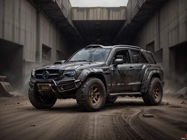 Off-road vehicle acceleration, Covered with mud, Rusty, Mad Max style, There are metal spikes all over the car., futurist, Reflective paint, Similar to Mercedes,suv,GLK-300-2013,body grey,Wheel gold,(LB-Works Full Version: walk), Long front hood, Transparent glasses, shiny big, Surreal, 8k, night, Inside a garage with black metal walls, Revelation, There is a beautiful girl in front of the car, 她穿着Mad Max style的服装,Wearing sunglasses , She has black hair,Wearing a ponytail,Wearing an Arab headscarf on her face..