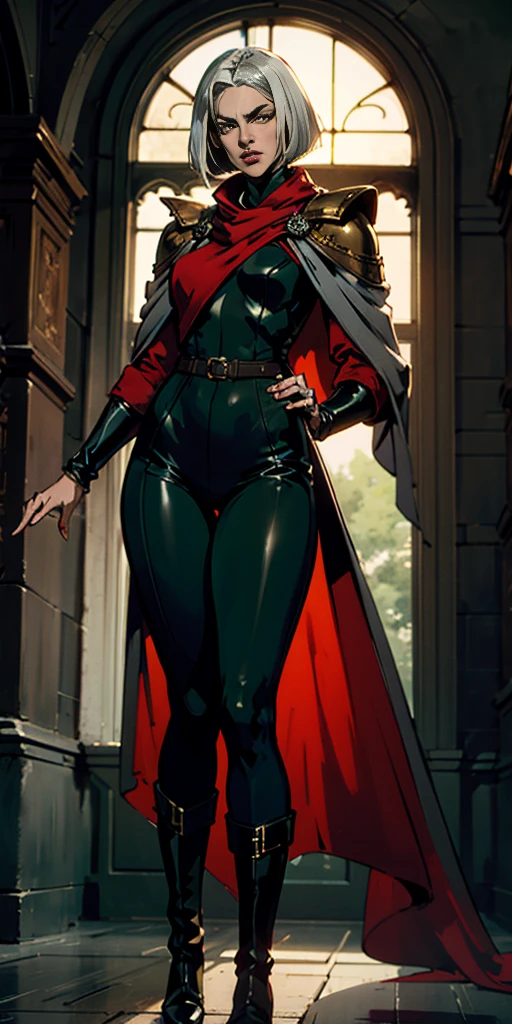 A woman with short bob haircut white silver platinum hair, choppy bangs, arched crescent eyebrows, sharp and determined eyes, a delicate oval face, a serious expression, a fantasy-style dark green military coat, draped with a dark red cloak, leather combat boots, silver greaves leggings, this character embodies a finely crafted fantasy-style female military officer in anime style, exquisite and mature manga art style, pale skin,
