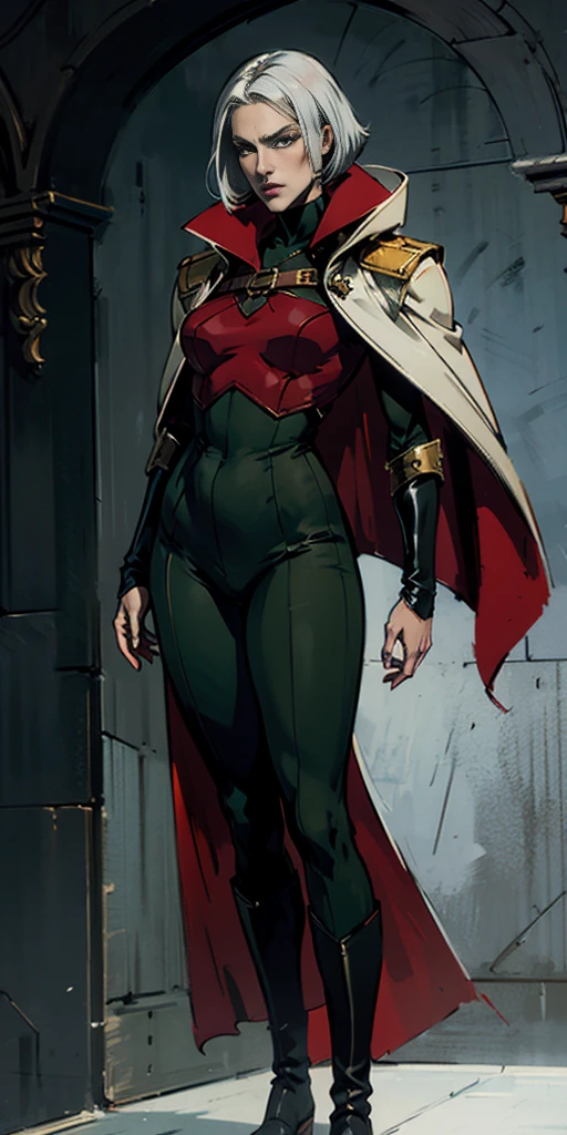A woman with short bob haircut white silver platinum hair, choppy bangs, arched crescent eyebrows, sharp and determined eyes, a delicate oval face, a serious expression, a fantasy-style dark green military coat, draped with a dark red cloak, leather combat boots, silver greaves leggings, this character embodies a finely crafted fantasy-style female military officer in anime style, exquisite and mature manga art style, pale skin,