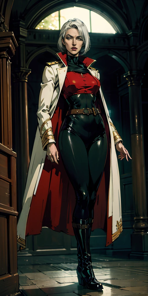 A woman with long platinum blonde hair, choppy bangs, arched crescent eyebrows, sharp and determined eyes, a delicate oval face, a serious expression, a fantasy-style dark green military coat, draped with a dark red cloak, military trousers, leather combat boots, silver greaves leggings, one hand on her hip, standing in a spacious training ground, this character embodies a finely crafted fantasy-style female military officer in anime style, exquisite and mature manga art style, pale skin, high definition, best quality, highres, ultra-detailed, ultra-fine painting, extremely delicate, professional, perfect body proportions, golden ratio, anatomically correct, symmetrical face, extremely detailed eyes and face, high quality eyes, creativity, RAW photo, UHD, 32k, Natural light, cinematic lighting, masterpiece-anatomy-perfect, masterpiece:1.5