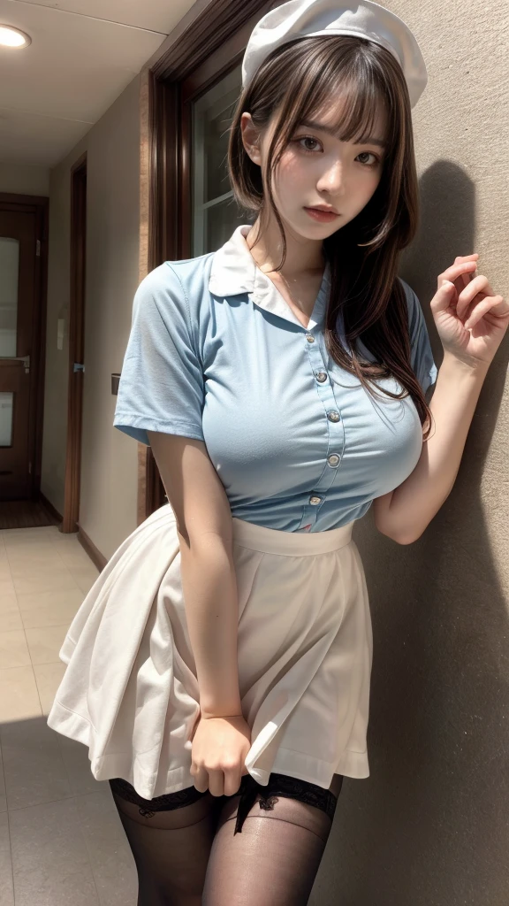 muste piece, best quality, illustration, Super detailed, fine details, High resolution, 8K,wall paper, perfect dynamic composition,(Details High quality, realistic depiction of eyes:1.3), Hospital Rooms、White nurse cap、White tights、White nurse uniform、to stand、Hand skirt、Flipping up a white skirt, large breasts,short bob hair, black hair color, Big Natural Color Lip, bold sexy pose, crying a little、cold gaze, Harajuku style、20 year old girl、cute type、lolita、beautiful legs, hposing Gravure Idol