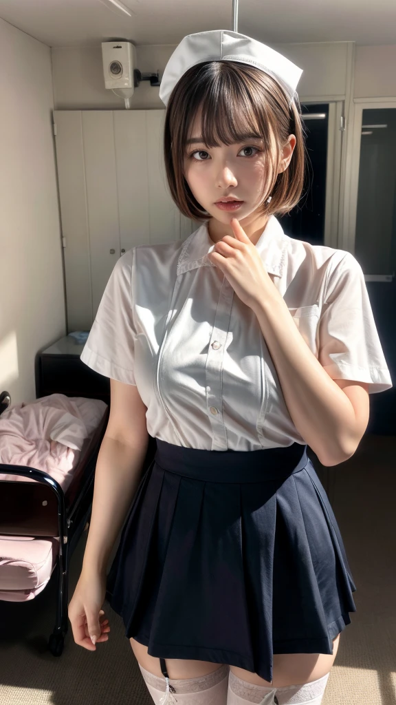 muste piece, best quality, illustration, Super detailed, fine details, High resolution, 8K,wall paper, perfect dynamic composition,(Details High quality, realistic depiction of eyes:1.3), Hospital Rooms、White nurse cap、White tights、White nurse uniform、to stand、Hand skirt、Flipping up a white skirt, large breasts,short bob hair, black hair color, Big Natural Color Lip, bold sexy pose, crying a little、cold gaze, Harajuku style、20 year old girl、cute type、lolita、beautiful legs, hposing Gravure Idol