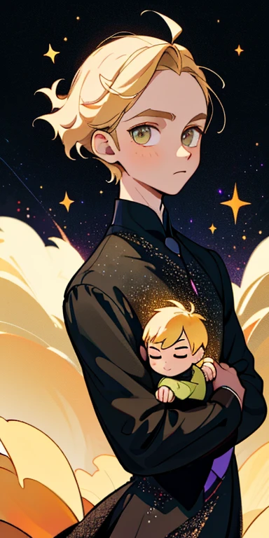 (best quality, masterpiece), 2 boys, galaxy, glitter, dress, particle, wind, flower, upper body, simple dark background, looking at viewer, blonde,