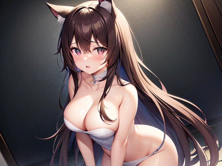 masterpiece, best quality, 1girl, solo, blush, long hair, hair between eyes, night, extremely detailed 8K, smooth, high resolution, ultra quality, cinematic lighting, ambient occlusion, hd, 2k, 4k, 8k, 16k, extremely detailed anime, detailed faces, perfect composition, wide shot, atmospheric lighting, very sexy, random angle, uncensored, sin censura, heart-shape pupils, full face blushing, cat-ears, wrap in wet towel, brown hair, in bathroom