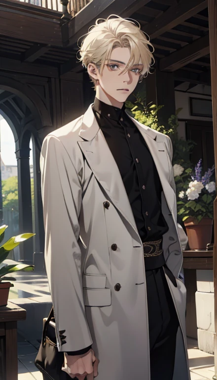 1 menino，macho，pale young boy，plantar，flores，Baixo contraste de tela，claridade alta，cabelo castanho，olhos verdes，soft light illumination，foco suave，, Anime Seios grandes, Impressionism, film lighting, fechar-se, ultra high definition, obra de arte, alto detalhe，fone de ouvido