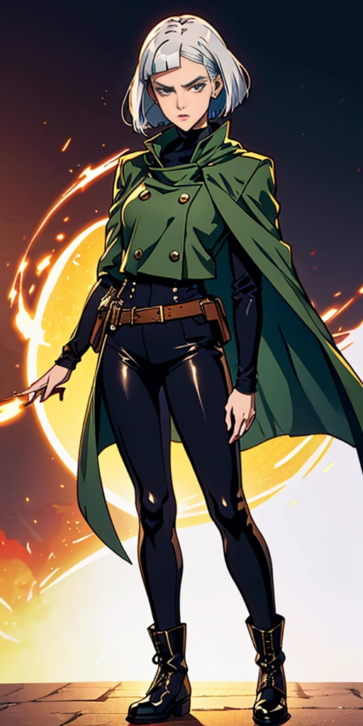 A woman with short bob haircut white silver platinum hair, choppy bangs, arched crescent eyebrows, sharp and determined eyes, a delicate oval face, a serious expression, a fantasy-style dark green military coat, draped with a dark red cloak, leather combat boots, silver greaves leggings, this character embodies a finely crafted fantasy-style female military officer in anime style, exquisite and mature manga art style, pale skin,