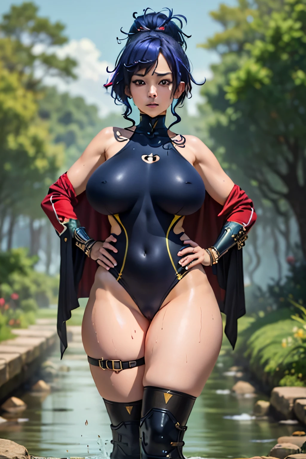 ((best quality)), ((masterpiece)), (detailed), perfect face, , solo, deep blue hair, yellow eyes, single thighhigh, thigh strap, long sleeves, clothing cutout, capelet, gloves, looking at viewer, hand on hip, mature female,gigantic breasts,big asa,white skin, jewelry, wet tight suit,blue red and black dress,black and blue armor,8k, super detail, ccurate, best quality,half naked,Bare shoulder,holding the dark magic spear ,milk on breasts,milk on hips,whole body wet,Gold bracelet on calf,thunder magic, yellow and white flaming eye, blue aura,wet body,white milk on breasts,ahegao,sharp eyes



