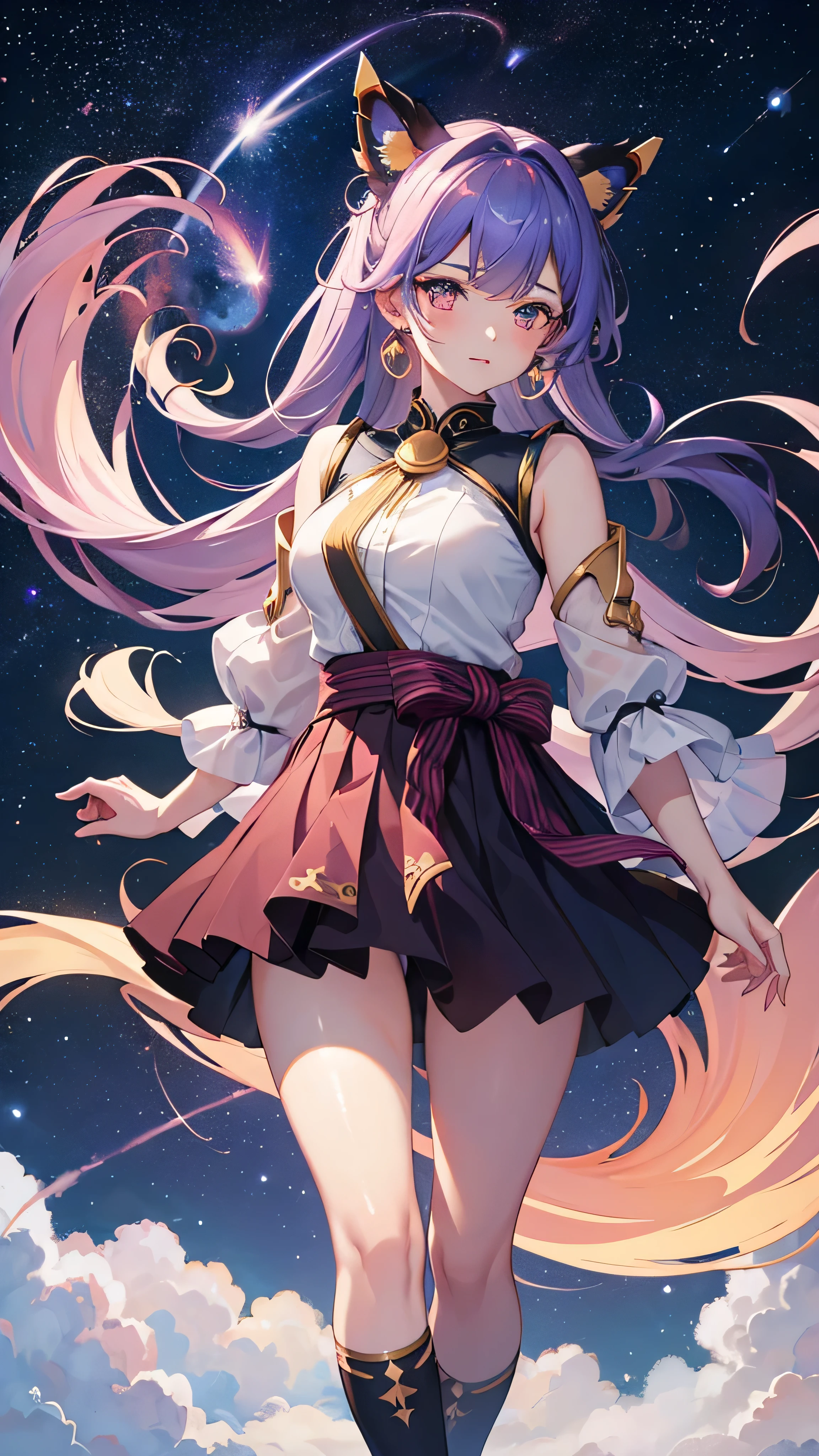 one-girl，double tails，in a skirt , nightsky , Orion Nebula, m42 , Milky Way, starlight
