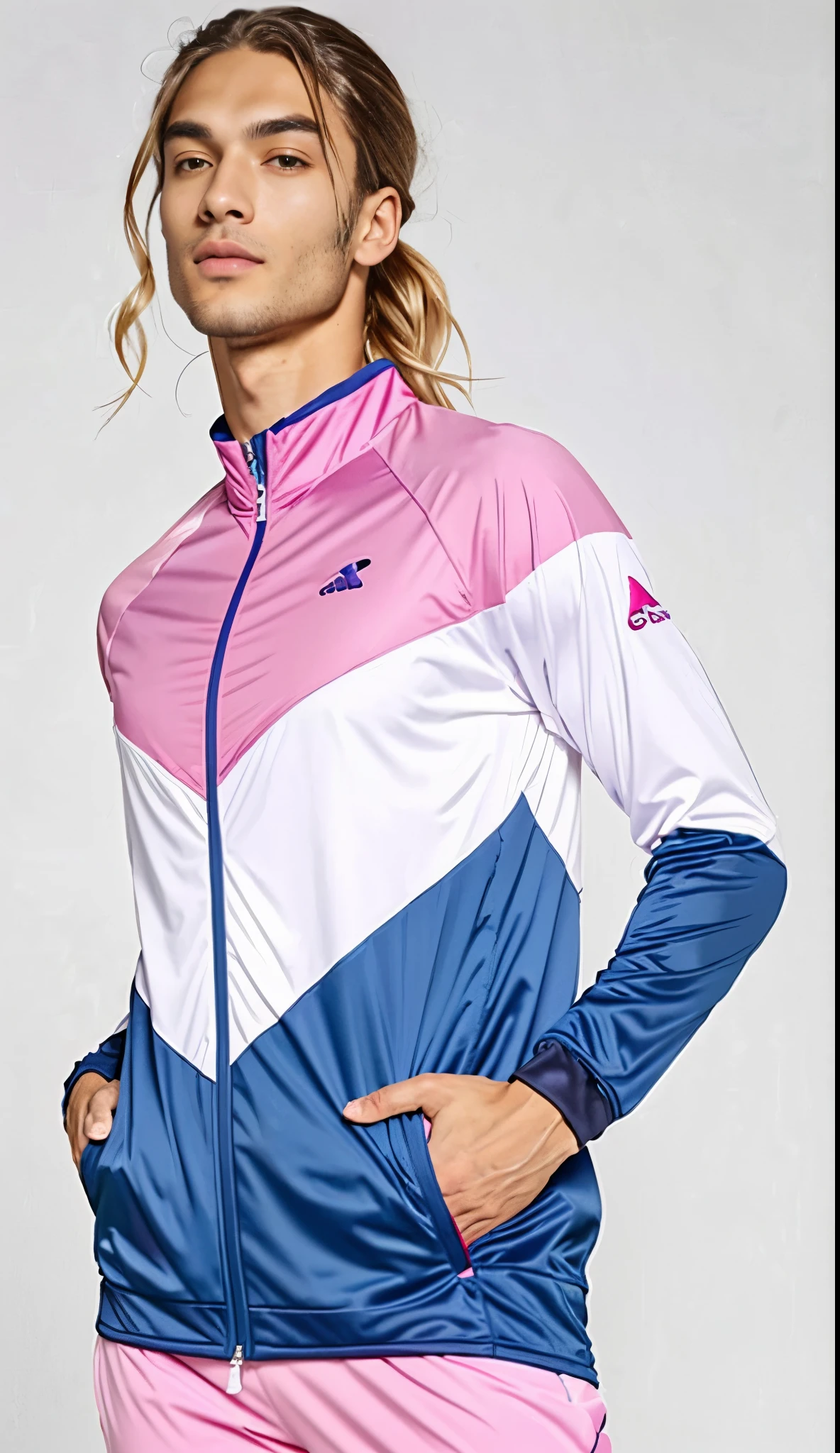 a woman in a pink and blue jaqueta and white pants, sports jaqueta, roupas esportivas, roupas esportivas, Hodie Mihi Cras Tibi, tennis wear, roupas esportivas fofas, jaqueta, vestindo um agasalho, harmony blue jaqueta, por David Rubin, in tennis coat, fato de treino, wearing a fato de treino, vestindo terno de atletismo, encapuzado