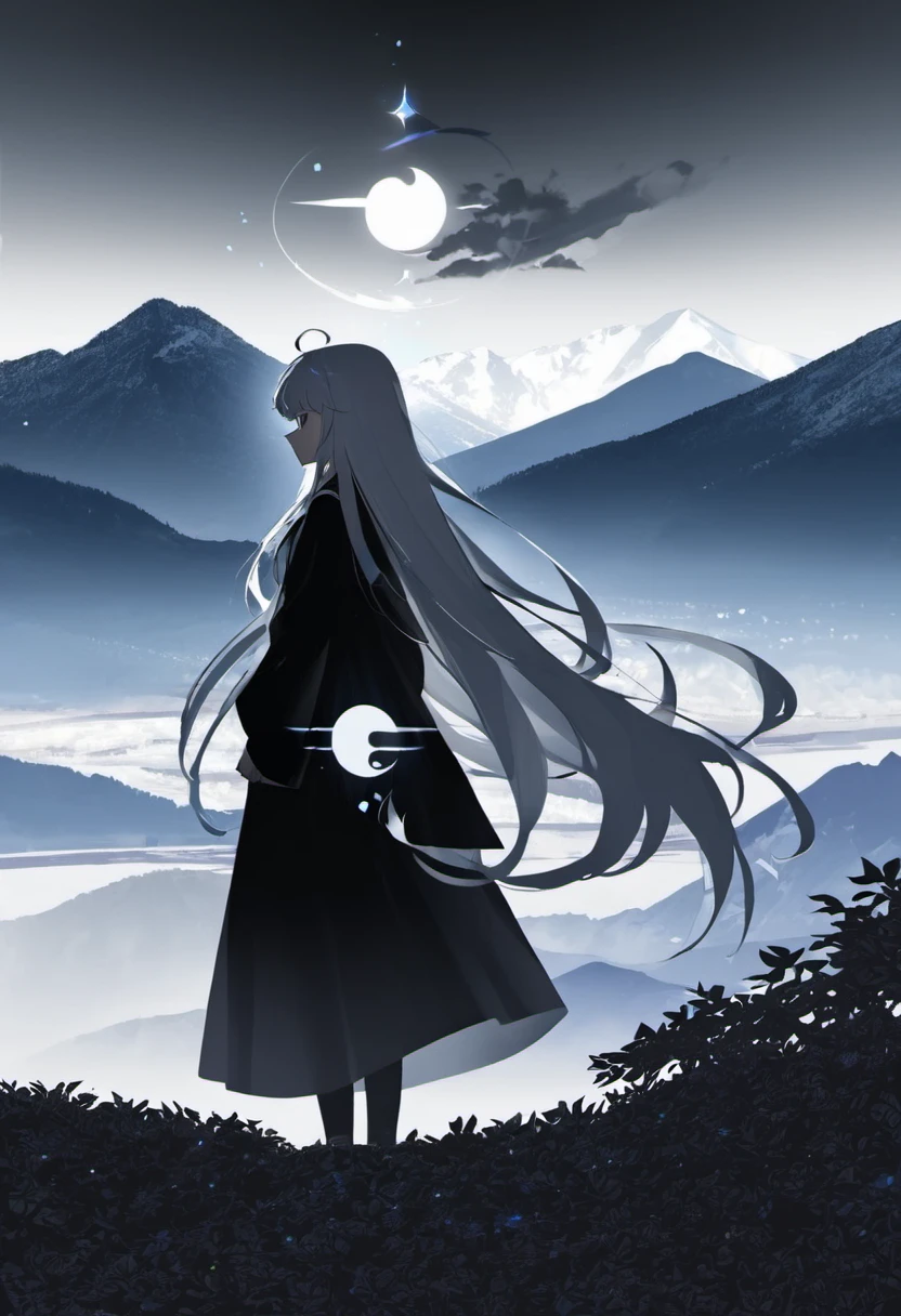 Black and white long hair girl with Yin Yang dragon aura silhouette on a mountain 