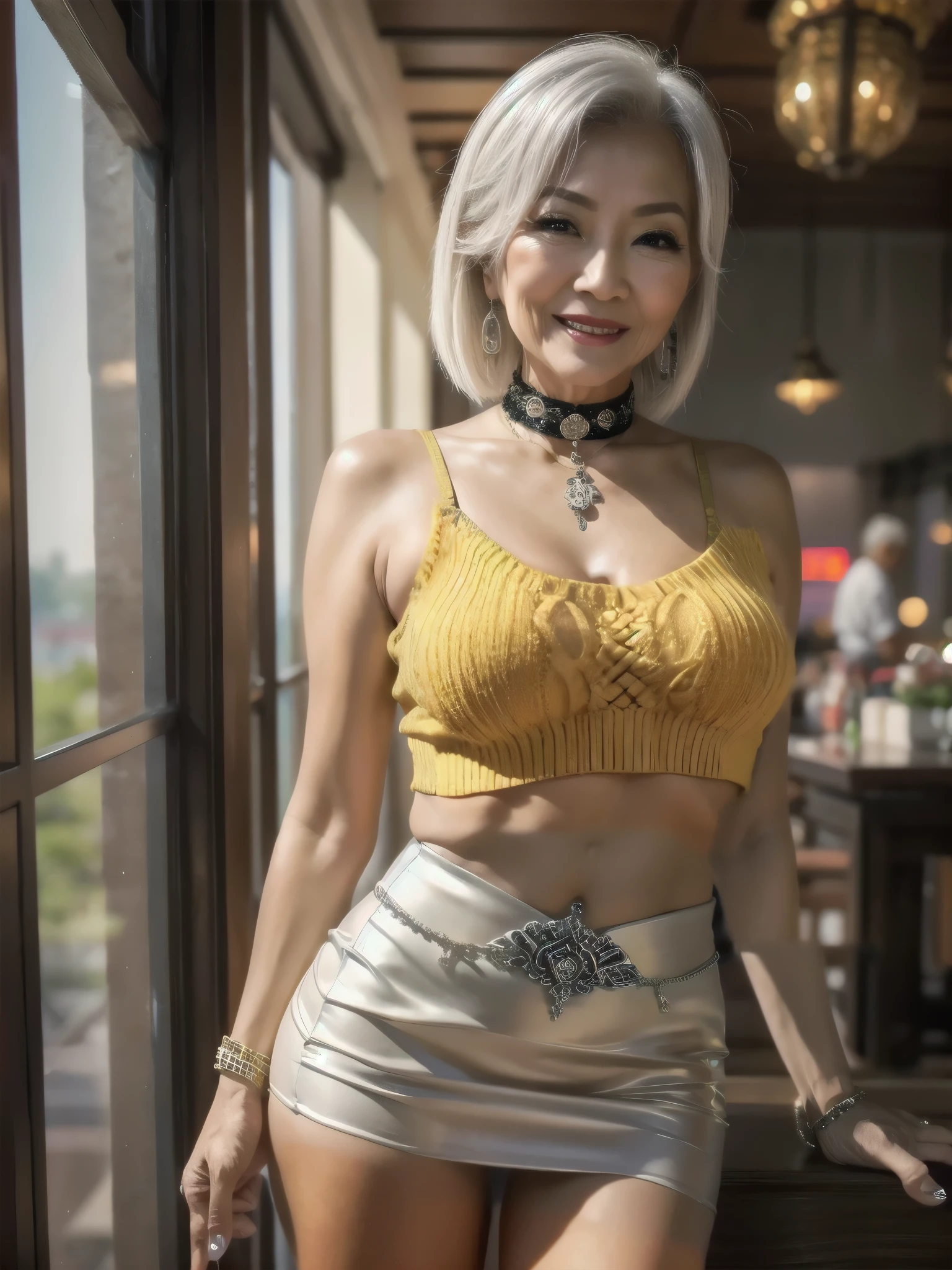 mini skirt 75 years old Mom MILF Chinese Lady large earring Big choker navel piercing decoration A bracelet Silver Hair realisitic Gorgeous Madame Beautiful Mature Woman sexy Smile Gentle woman navel piercing 4K High quality cafe Gorgeous Madame Beautiful Mature Woman