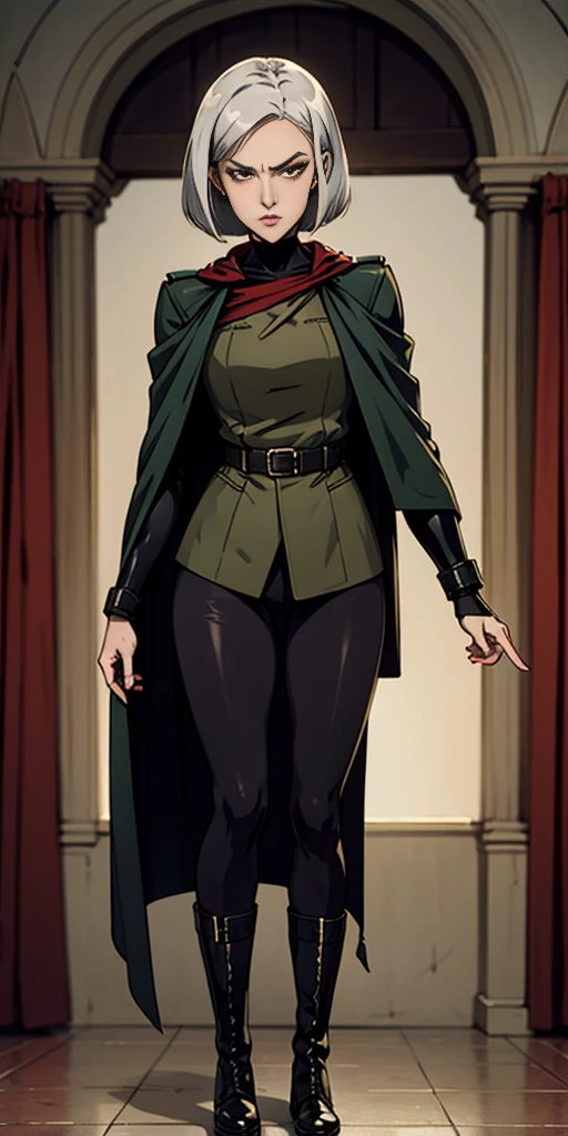 A woman with short bob haircut white silver platinum hair, choppy bangs, arched crescent eyebrows, sharp and determined eyes, a delicate oval face, a serious expression, a fantasy-style dark green military coat, draped with a dark red cloak, leather combat boots, silver greaves leggings, this character embodies a finely crafted fantasy-style female military officer in anime style, exquisite and mature manga art style, pale skin,