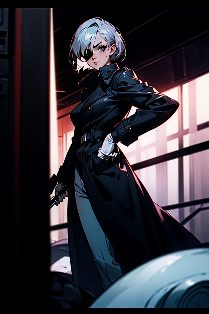 imagined a cartoon sexy milf detective woman  whit short silver hair who ad a eye patch on her left eye in a trench coat holding a revolver in 1950 black and white thriller movie, 50's, retro, spy movie, world war 2, front pose
