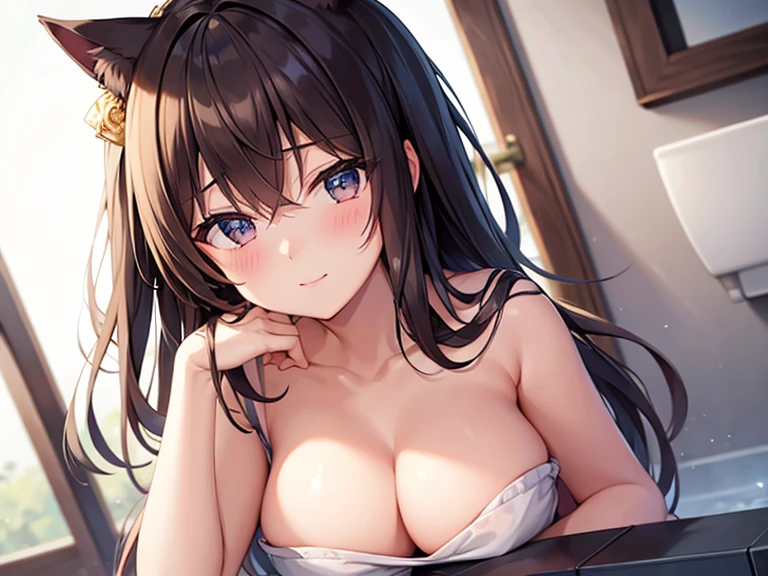 masterpiece, best quality, 1girl, solo, blush, long hair, hair between eyes, night, extremely detailed 8K, smooth, high resolution, ultra quality, cinematic lighting, ambient occlusion, hd, 2k, 4k, 8k, 16k, extremely detailed anime, detailed faces, perfect composition, wide shot, atmospheric lighting, very sexy, random angle, uncensored, sin censura, heart-shape pupils, full face blushing, cat-ears, wrap in wet towel, brown hair, in bathroom