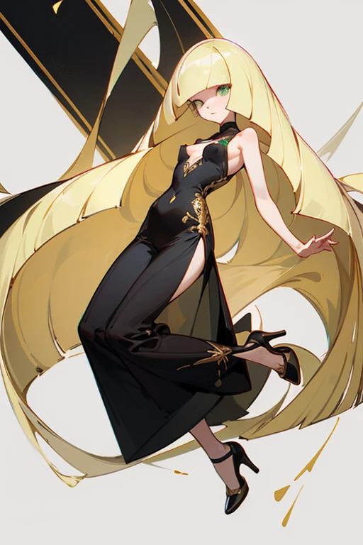 ((highest quality)), ((masterpiece)), (Familiar), Lusamine,thin,thin,Long blonde hair,Small breasts,Erect nipples,Adult female,Green Eyes,Slanted Eyes,Sleeveless dress,Black Dress,Gold embroidery,Pants Style,High heels,Fascinating
