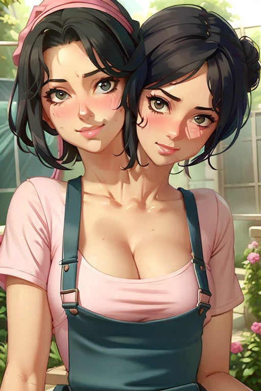 2heads, a tall thin woman with two heads. She is outside in a garden, she is gardening. She is very tall. She is very skinny. She has short black hair in a bun. She looks mature. She has very thick full lips. She is wearing overalls with a pink T-shirt underneath, and gardening gloves. She is wearing a bandana on her head. She is smiling. She is blushing. She looks sweaty and tired. Mature, milf. Flirty, flirtatious expression, flirty pose. Sweaty, sweating. 