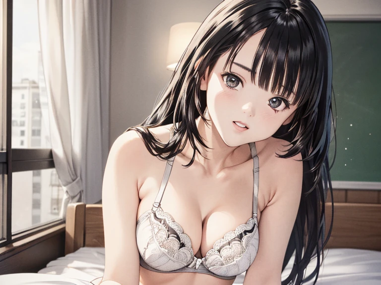 (8K、top-quality、​masterpiece:1.2)、(realisitic、ultra-detailliert、超A high resolution、beautifull detailed face,perfect body,(1girl,black long hair),(white bra,white panty),sitting on bed,resting on elbows,in school infirmary,pov,
