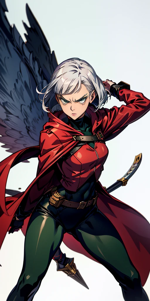A woman with short bob haircut white silver platinum hair, choppy bangs, arched crescent eyebrows, sharp and determined eyes, a delicate oval face, a serious expression, a fantasy-style dark green military coat, draped with a dark red cloak, leather combat boots, silver greaves leggings, this character embodies a finely crafted fantasy-style female military officer in anime style, exquisite and mature manga art style, pale skin, 