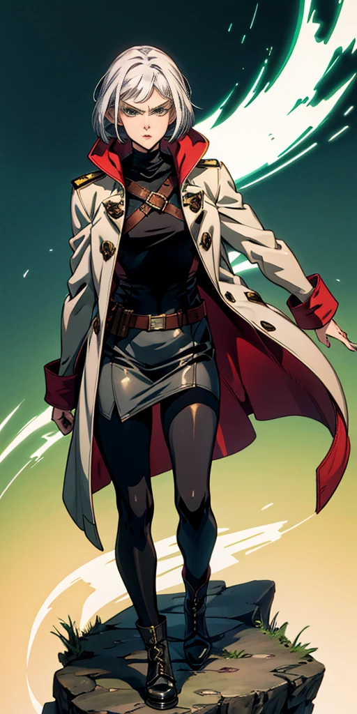 A woman with short bob haircut white silver platinum hair, choppy bangs, arched crescent eyebrows, sharp and determined eyes, a delicate oval face, a serious expression, a fantasy-style dark green military coat, draped with a dark red cloak, leather combat boots, silver greaves leggings, this character embodies a finely crafted fantasy-style female military officer in anime style, exquisite and mature manga art style, pale skin,