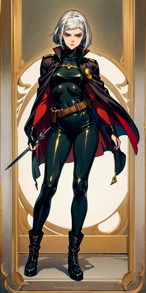 A woman with short bob haircut white silver platinum hair, choppy bangs, arched crescent eyebrows, sharp and determined eyes, a delicate oval face, a serious expression, a fantasy-style dark green military coat, draped with a dark red cloak, leather combat boots, silver greaves leggings, this character embodies a finely crafted fantasy-style female military officer in anime style, exquisite and mature manga art style, pale skin,