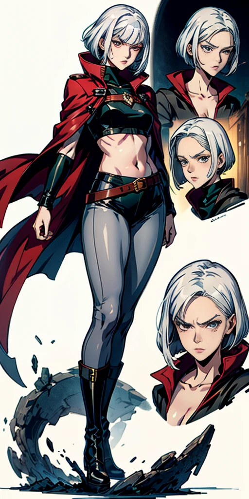 A woman with short bob haircut white silver platinum hair, choppy bangs, arched crescent eyebrows, sharp and determined eyes, a delicate oval face, a serious expression, a fantasy-style dark green military coat, draped with a dark red cloak, leather combat boots, silver greaves leggings, this character embodies a finely crafted fantasy-style female military officer in anime style, exquisite and mature manga art style, pale skin, 
