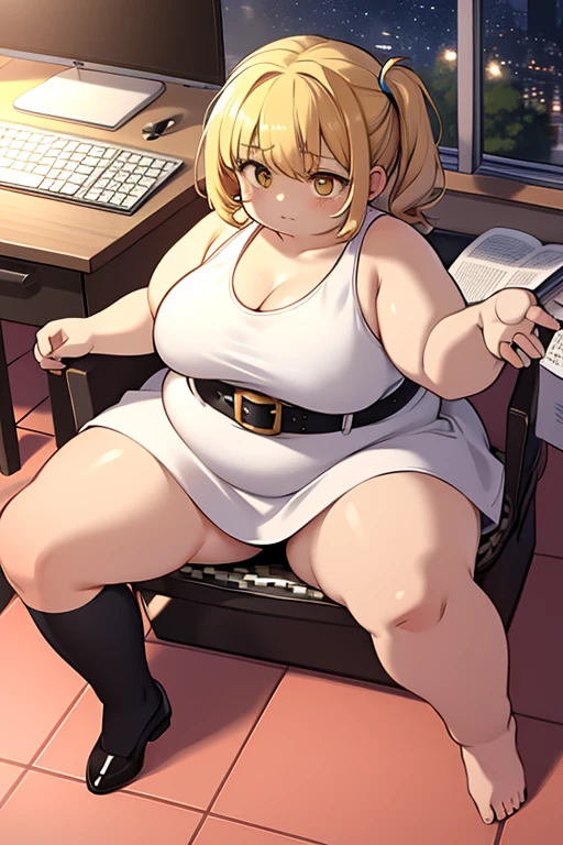 4k, high quality, obese shinobuYoung, masterpiece, Best quality, absurdity, obese 1girl, big cheeks, Blonde hair, Yellow golden eyes, One, Sort, night, big breasts, Desktop, obese , round table, sitting, Spread her legs, looking, bare shoulders, white short dress, sliding belt, clavicle, (view from above:1.1), (inexpressive:1.1), slim, browse, (Checkered floor:1.5), (knee up:1.3)