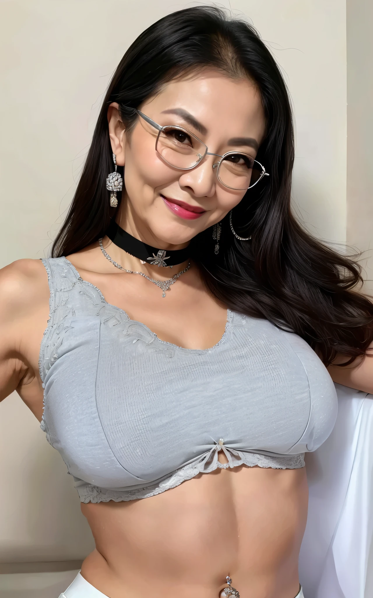 75 years old Mom MILF Chinese Lady large earring Big choker navel piercing decoration A bracelet Silver Hair realisitic Gorgeous Madame Beautiful Mature Woman sexy Smile Gentle woman navel piercing 4K High quality glasses Painting Gorgeous Madame Beautiful Mature Woman