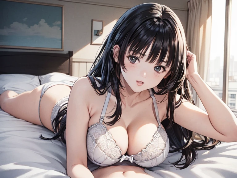 best quality, highres,Slender、brown eyes、tall、black hair、(bangs bangs:1.5)long hair,straight hair、Hotel、dark room、lying on the bed、19 years old、(light blue underwear:1.5)
