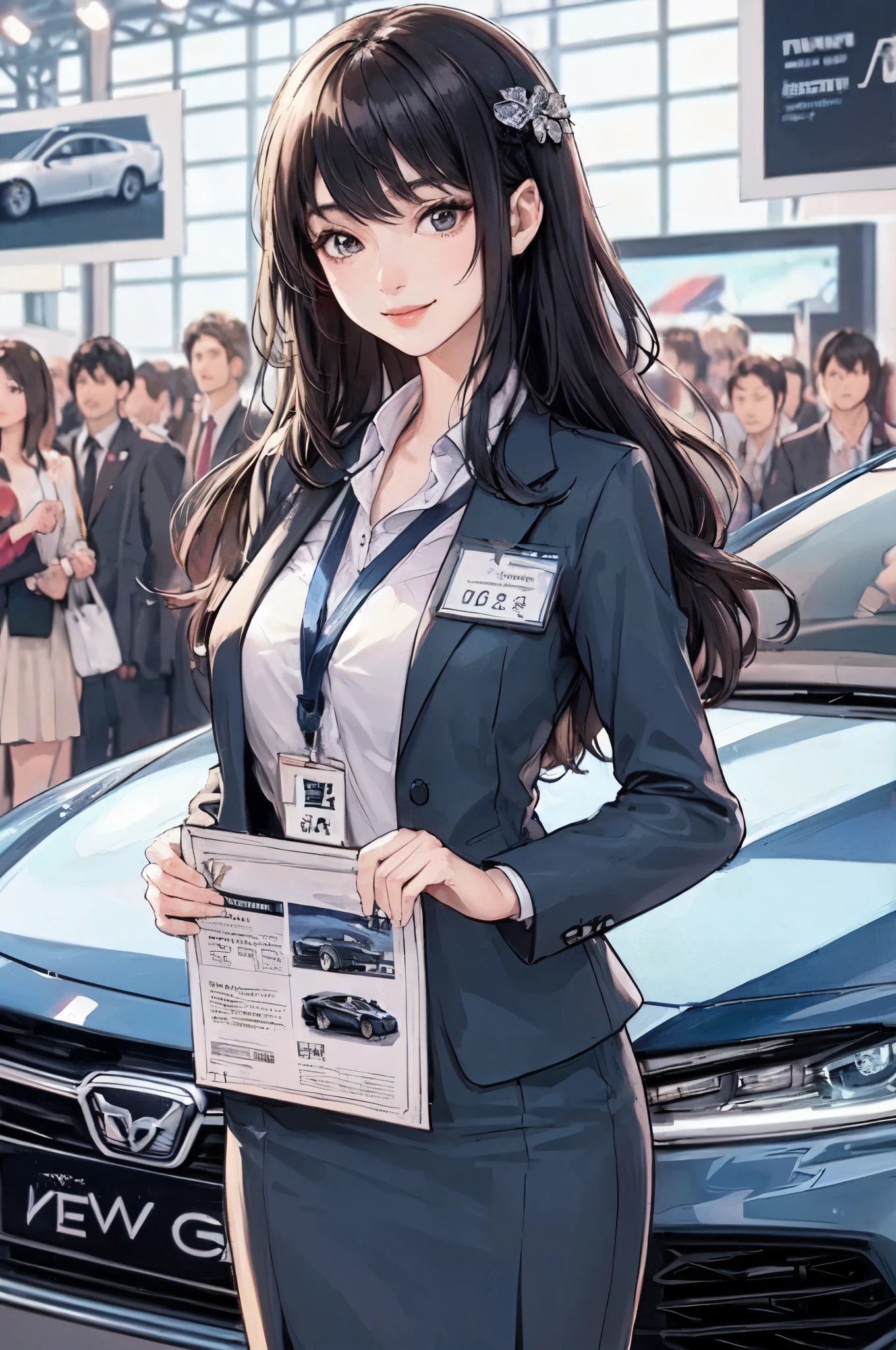 1lady solo standing, event staff (simple and chic costume), mature female, /(black hair/) bangs, kind smile, (masterpiece best quality:1.2) delicate illustration ultra-detailed, large breasts BREAK (standing next to the latest model car), (holding pamphlet) BREAK (motor show indoors), audience, detailed background