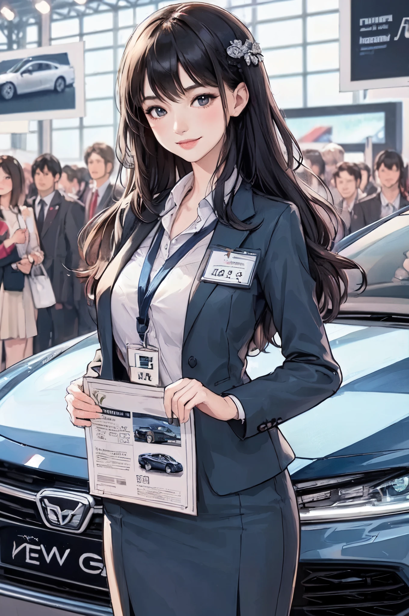 1lady solo standing, event staff (simple and chic costume), mature female, /(black hair/) bangs, blush kind smile, (masterpiece best quality:1.2) delicate illustration ultra-detailed, large breasts BREAK (standing next to the latest model car), (holding pamphlet) BREAK (motor show indoors), audience, detailed background