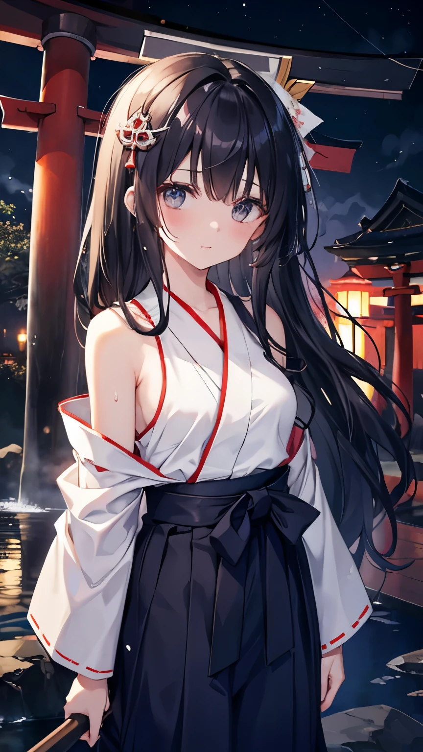 ( girl: 1.5), lace, ribbon, Hanfu, (masterpiece, side light, delicate and beautiful gray eyes: 1.2), masterpiece, realistic, glowing eyes, shiny hair, black hair, long hair, shiny skin, solo, awkward, tube top, delicate, beautiful, garden, flowers, fluttering petals,