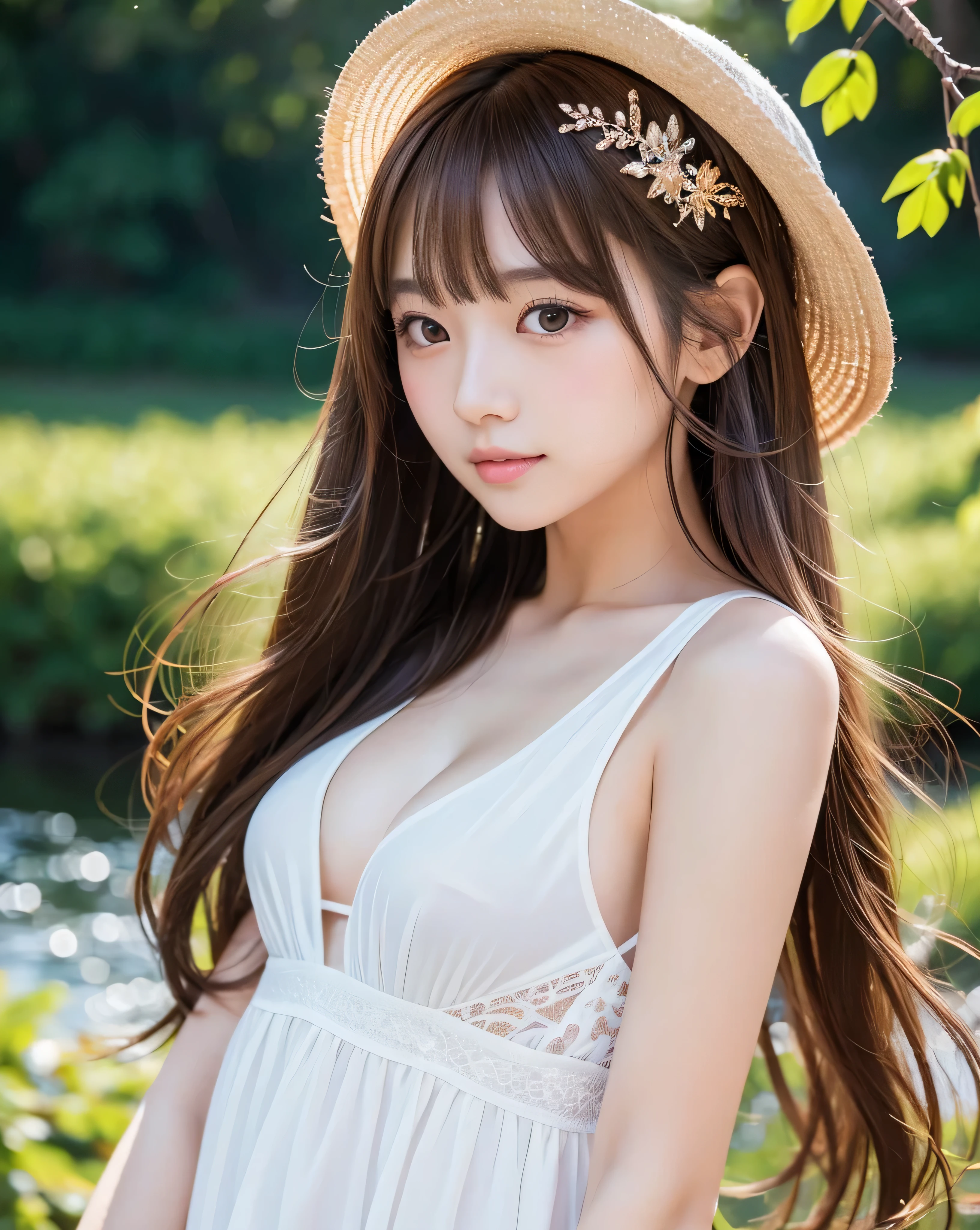 (highest quality, 32k, High resolution, masterpiece:1.5, ), Memorable photographs in an abstract style, Evoking a soothing tranquility and elusive beauty, Very rich emotional expression, Have a rich imagination, Cute Japanese Girls, ((full shot of full body)), An exceptionally beautiful face, Magical big eyes, A gentle smile, motherhood and tolerance, Overflowing affection, ((Shiny brown hair)), Beautifully styled super long silky hair, Asymmetrical bangs, Hair between the eyes, Transparent and soft white skin, Neat, thin eyebrows, double eyelid, Detailed pale pink lips, ((High quality white camisole)), High resolution perfect clavicle, Beautiful chest in high resolution, Slender body with ample breasts, High resolutionの美しい太もも,midnight, Beautiful starry sky, Beautiful huge full moon, A small stream in the countryside, A lot of fireflies emitting a fantastic light, Soft moonlight, Professional Lighting, Professional Photographer, Professional Model,mysterious