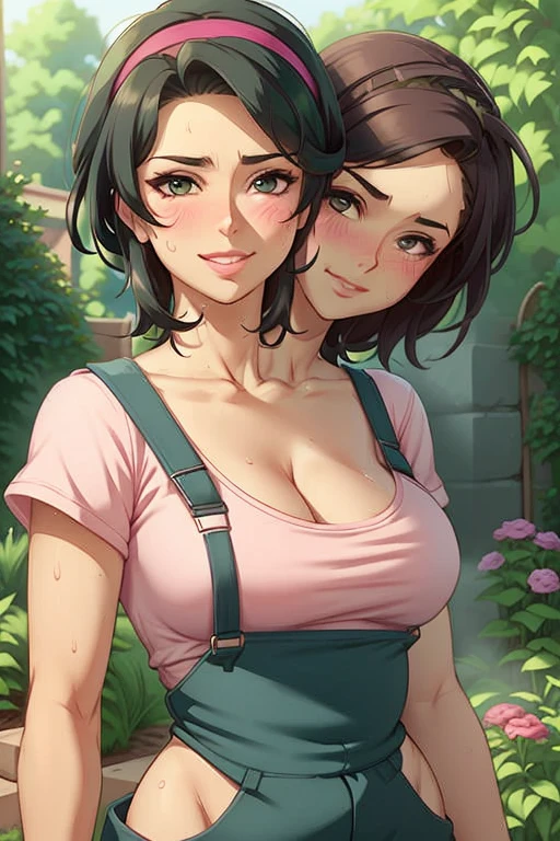 2heads, a tall thin woman with two heads. She is outside in a garden, she is gardening. She is very tall. She is very skinny. She has short black hair in a bun. She looks mature. She has very thick full lips. She is wearing overalls with a pink T-shirt underneath, and gardening gloves. She is wearing a bandana on her head. She is smiling. She is blushing. She looks sweaty and tired. Mature, milf. Flirty, flirtatious expression, flirty pose. Sweaty, sweating. 