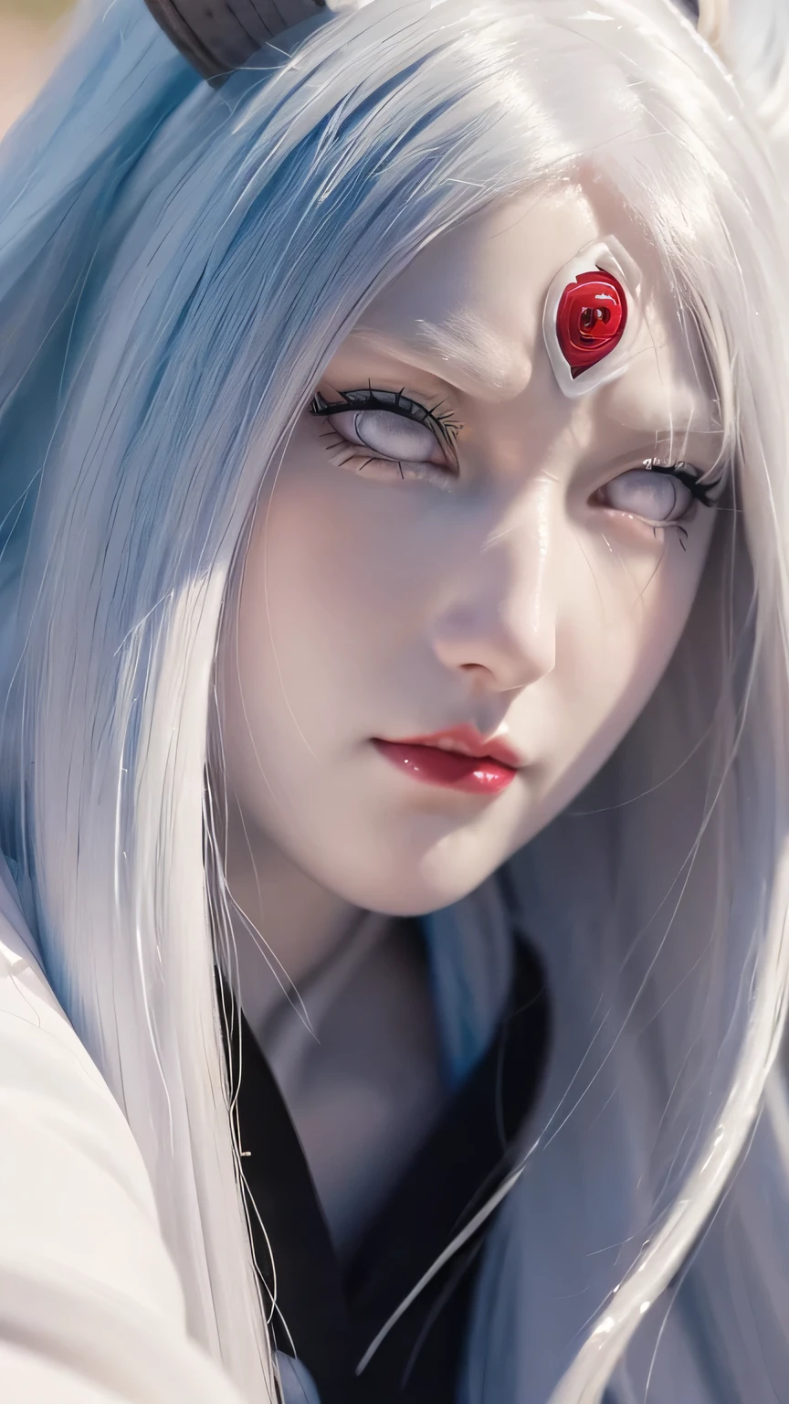 a close up of a person with long hair and a hoodie, otsutsuki kaguya, kaguya from anime naruto, as an anime character, perfect anime face, she has white hair with bangs, female anime character, anime character, anime best girl, hime cut hairstyle, white hair, (red glossy lips:1.3), white eyes, smile, city background, (beautiful face:1.3)
