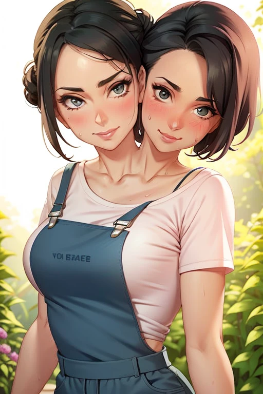 2heads, a tall thin woman with two heads. She is outside in a garden, she is gardening. She is very tall. She is very skinny. She has short black hair in a bun. She looks mature. She has very thick full lips. She is wearing overalls with a pink T-shirt underneath, and gardening gloves. She is wearing a bandana on her head. She is smiling. She is blushing. She looks sweaty and tired. Mature, milf. Flirty, flirtatious expression, flirty pose. Sweaty, sweating. 