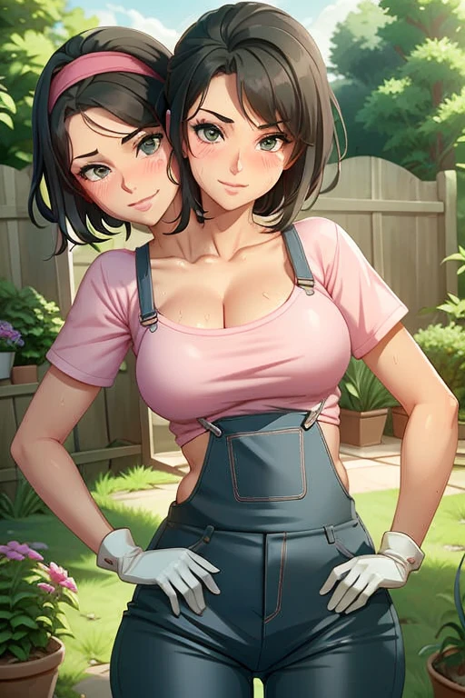 2heads, a tall thin woman with two heads. She is outside in a garden, she is gardening. She is very tall. She is very skinny. She has short black hair in a bun. She looks mature. She has very thick full lips. She is wearing overalls with a pink T-shirt underneath, and gardening gloves. She is wearing a bandana on her head. She is smiling. She is blushing. She looks sweaty and tired. Mature, milf. Flirty, flirtatious expression, flirty pose. Sweaty, sweating. 