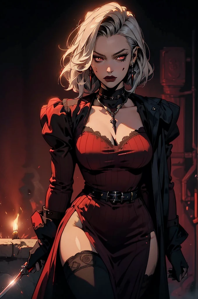 imagined a sfw dark persona curvy dominatrix dark elf queen black & red outfit holding a rapier sword, dark skin, sliver hair red eyes, spike, armor fantasy clothe