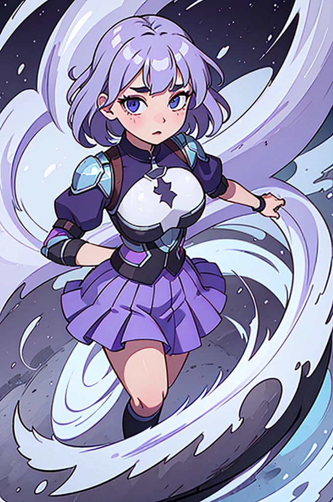 Fair Skin Girl. her figure, Busty, curvy, The Right Direction, Short light blue-purple hair, half purple, Half blue eyes, , short sleeve, digital illustration, Highest detail, digital art, Knight armour, Short skirt, brown shoes.