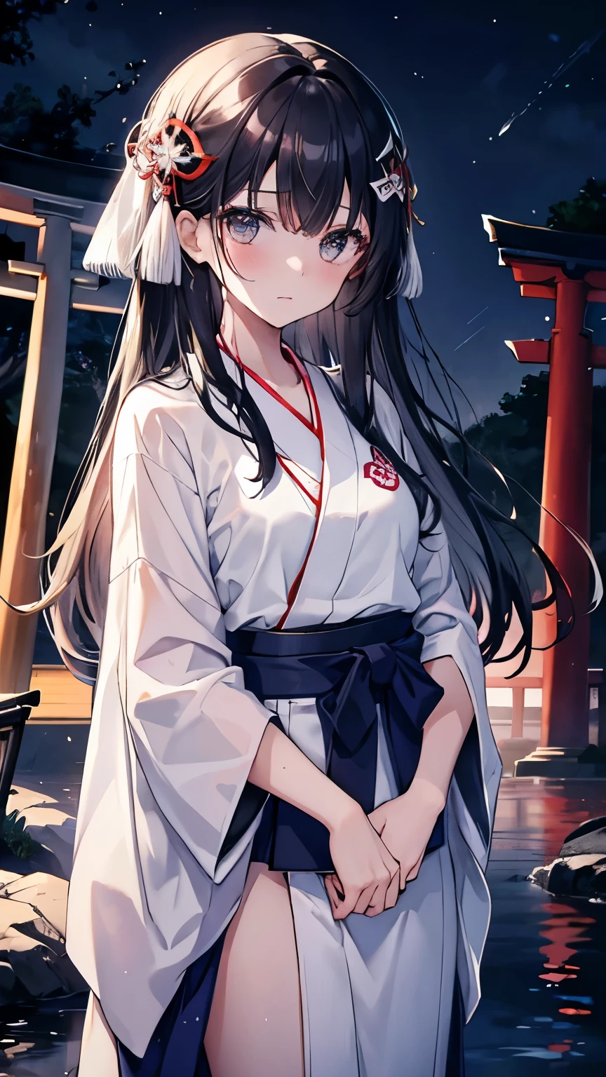 ,girl,Best image quality,,Black Hair,,Grey Eyes,,White skin,Long Hair,Straight Hair,shrine,Moonlit Night,Wet with sweat,torii,Navy blue hakama,Miko costume,hairpin,Haori